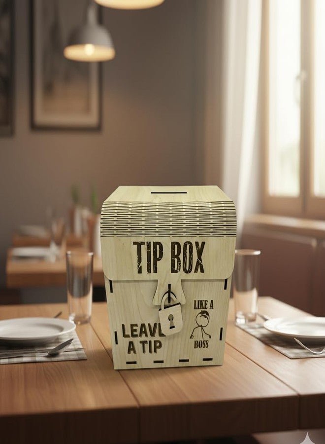 MeeCraft Laser-Cut Wooden Tip Box with Playful Boss Graphic - Encourage Generosity with a Smile (16x11.7x15.3 cm, Beige) - Image 5